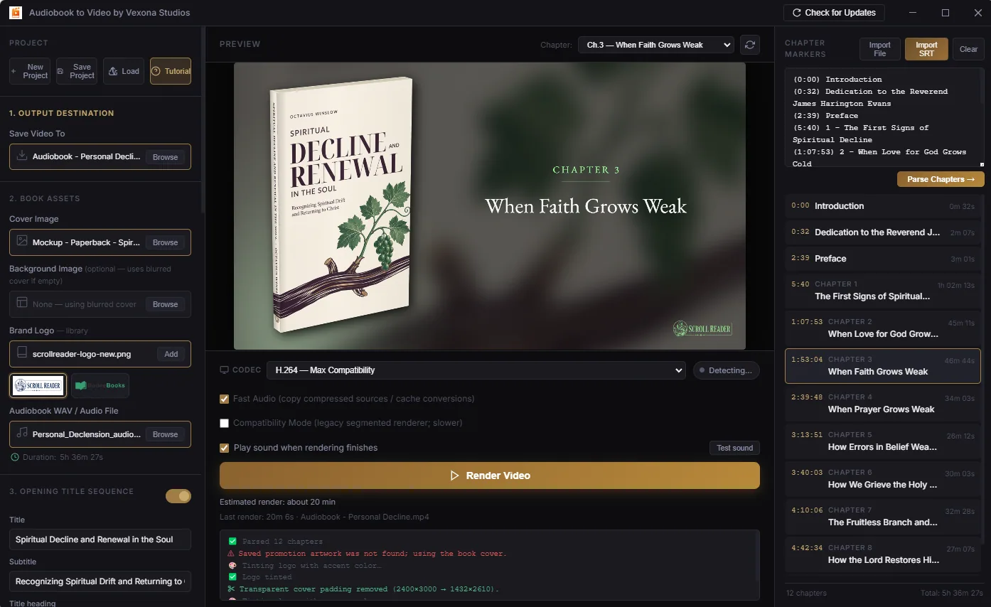 Audiobook to Video desktop app showing its cover art preview and chapter markers